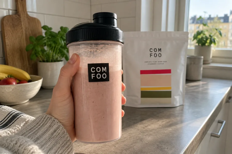 En hand håller upp en ComFoo-shaker med jordgubbsshake i ett kök